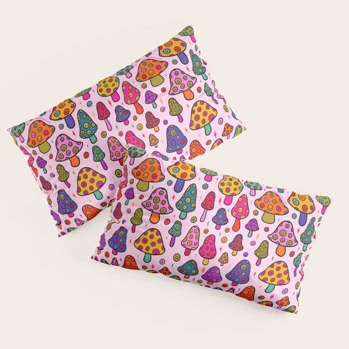 Smiley Mushrooms Print in Pink Pillow Sham Gallery Image 4