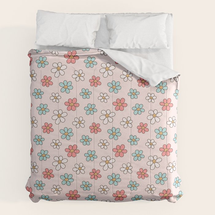Happy Daisy Pattern, Cute and Fun Smiling Colorful Daisies Comforter Gallery Image 7