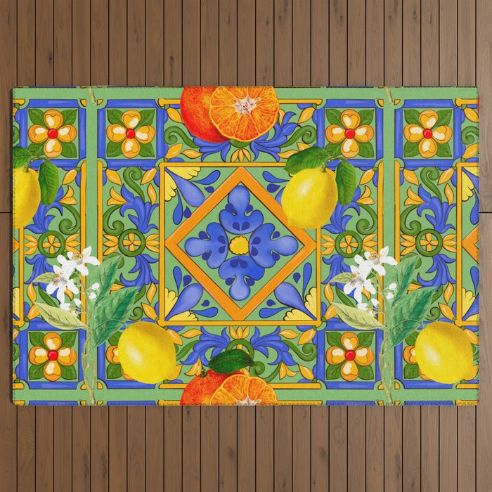 Summer ,Sicilian tiles ,citrus,oranges,majolica,lemons ,Mediterranean Outdoor Rug Gallery Image 3