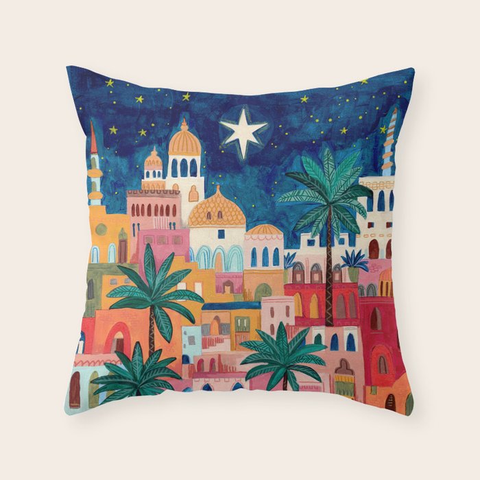 Oriental city under a starry sky in bright colours Throw Pillow Gallery Image 3