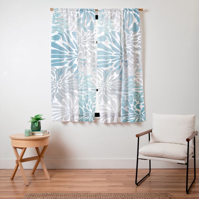 Chic, Flowers Print, Grey, Teal, Turquoise Window Curtain Gallery Image 11