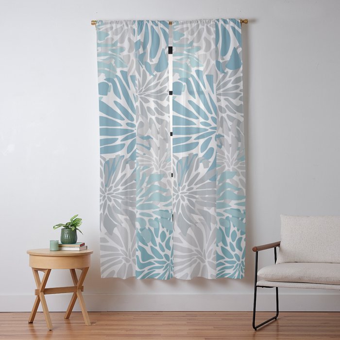 Chic, Flowers Print, Grey, Teal, Turquoise Window Curtain Gallery Image 13