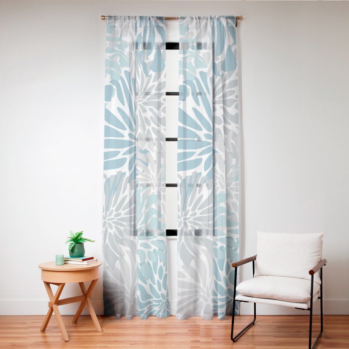 Chic, Flowers Print, Grey, Teal, Turquoise Window Curtain Gallery Image 20