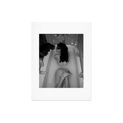 A girl and her cat lapping it up in milk; apartment bathtub nude portrait black and white photograph - photography - photographs Art Print Gallery Image 8