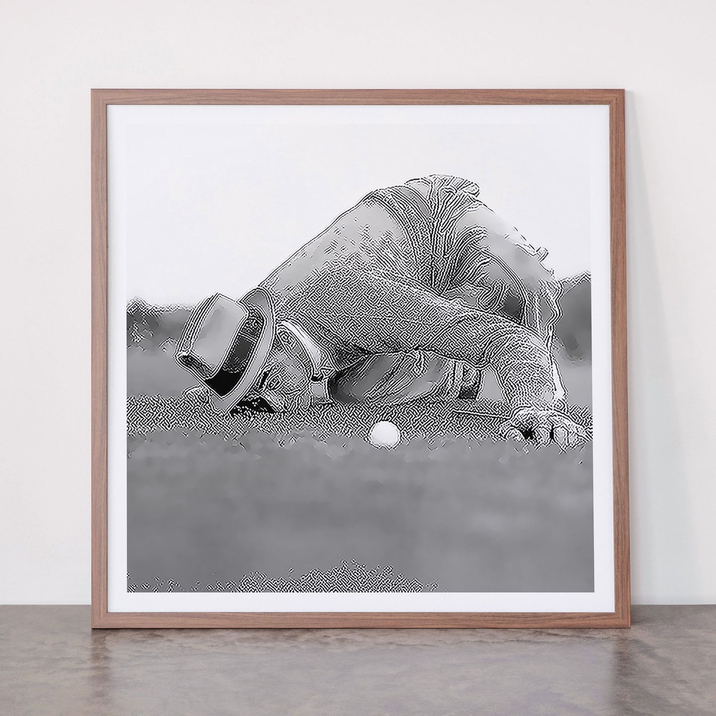 Eye to the ground on the 18th hole; golfing man eyes ball to measure distance to hole vintage black and white portrait photograph - photography - photographs poster Framed Art Print Gallery Image 66