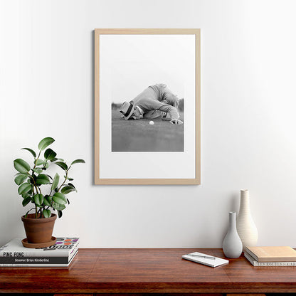 Eye to the ground on the 18th hole; golfing man eyes ball to measure distance to hole vintage black and white portrait photograph - photography - photographs poster Framed Art Print Gallery Image 65