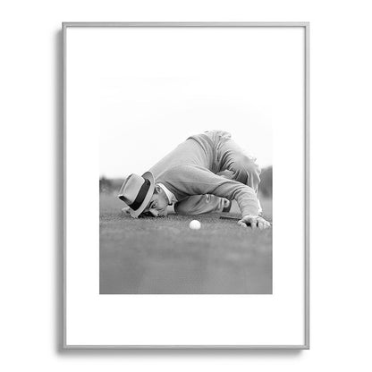 Eye to the ground on the 18th hole; golfing man eyes ball to measure distance to hole vintage black and white portrait photograph - photography - photographs poster Framed Art Print Gallery Image 135