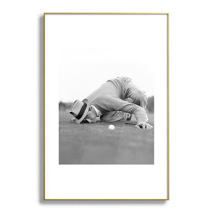 Eye to the ground on the 18th hole; golfing man eyes ball to measure distance to hole vintage black and white portrait photograph - photography - photographs poster Framed Art Print Gallery Image 127