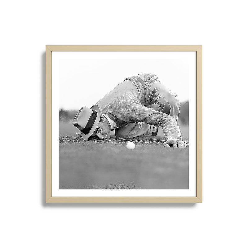 Eye to the ground on the 18th hole; golfing man eyes ball to measure distance to hole vintage black and white portrait photograph - photography - photographs poster Framed Art Print Gallery Image 27