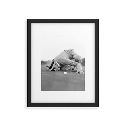 Eye to the ground on the 18th hole; golfing man eyes ball to measure distance to hole vintage black and white portrait photograph - photography - photographs poster Framed Art Print Gallery Image 5