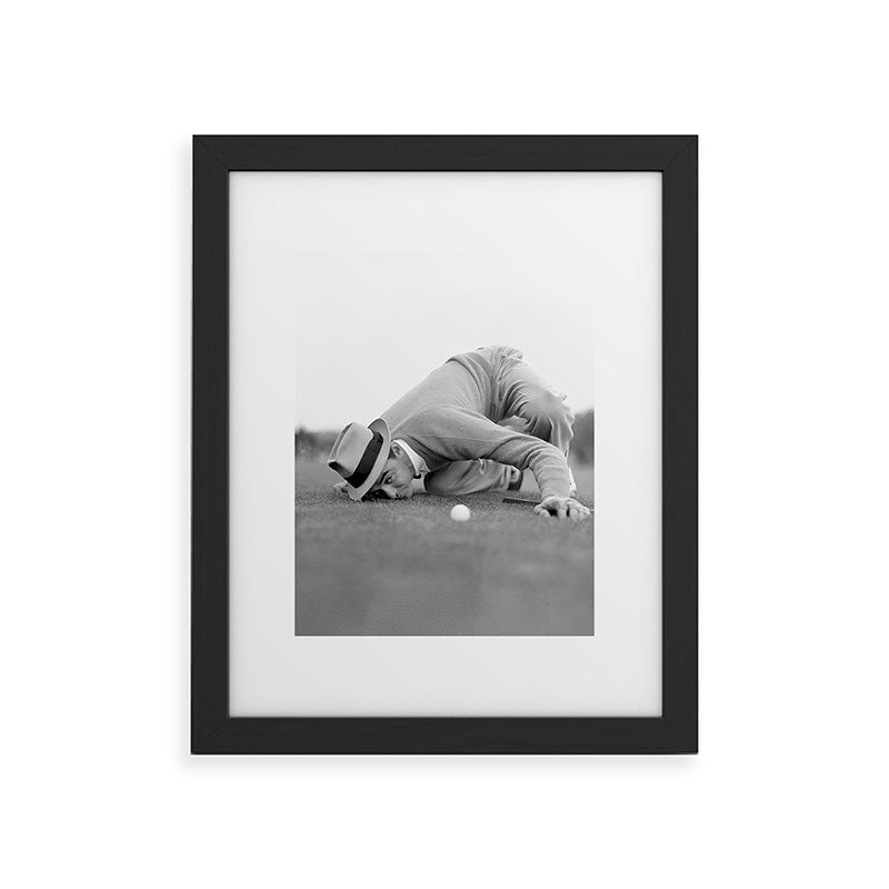 Eye to the ground on the 18th hole; golfing man eyes ball to measure distance to hole vintage black and white portrait photograph - photography - photographs poster Framed Art Print Gallery Image 47