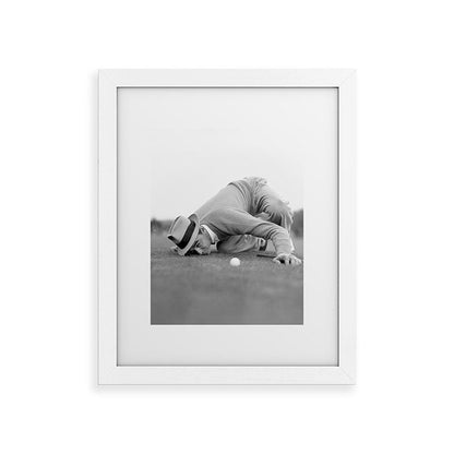 Eye to the ground on the 18th hole; golfing man eyes ball to measure distance to hole vintage black and white portrait photograph - photography - photographs poster Framed Art Print Gallery Image 75