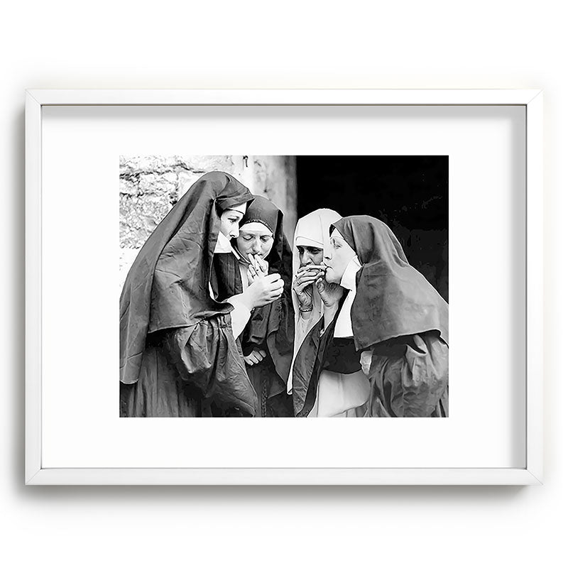 Nuns smoking black and white photograph - photography - photographs portrait for home and wall decor Framed Art Print Gallery Image 107