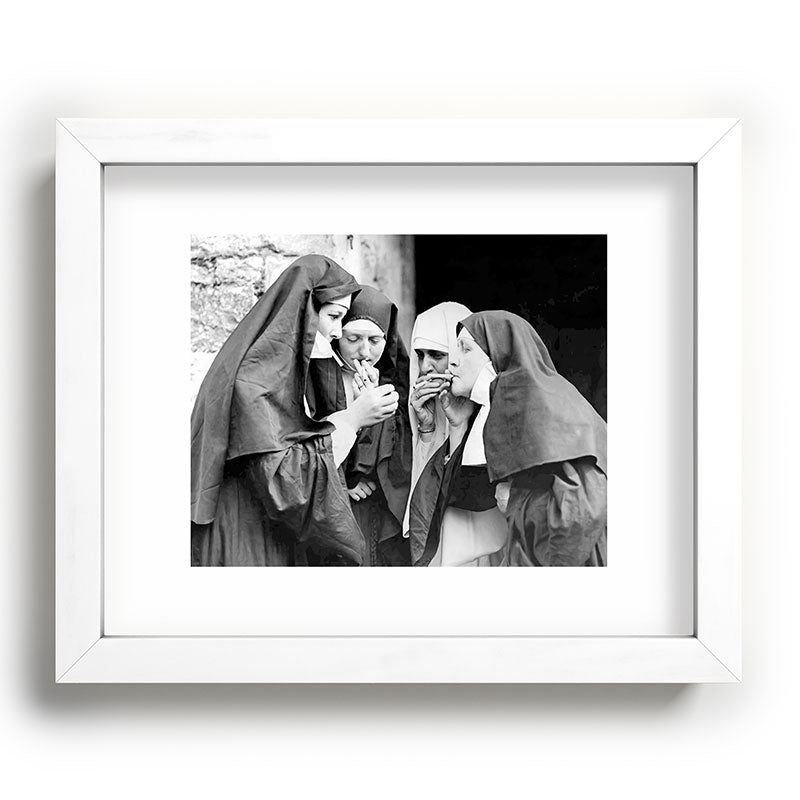Nuns smoking black and white photograph - photography - photographs portrait for home and wall decor Framed Art Print Gallery Image 104