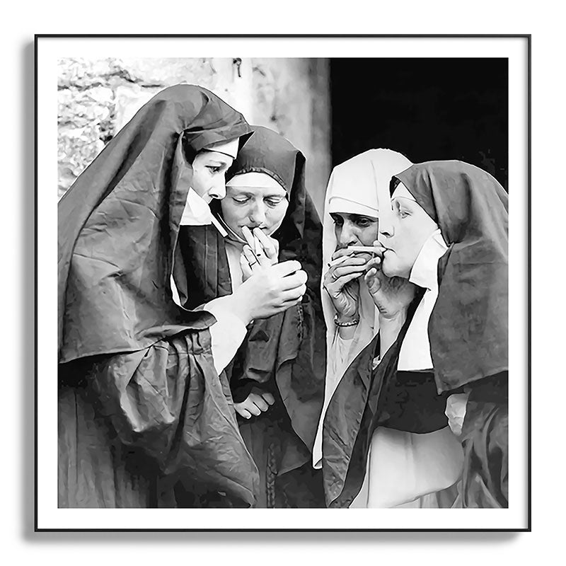 Nuns smoking black and white photograph - photography - photographs portrait for home and wall decor Framed Art Print Gallery Image 130