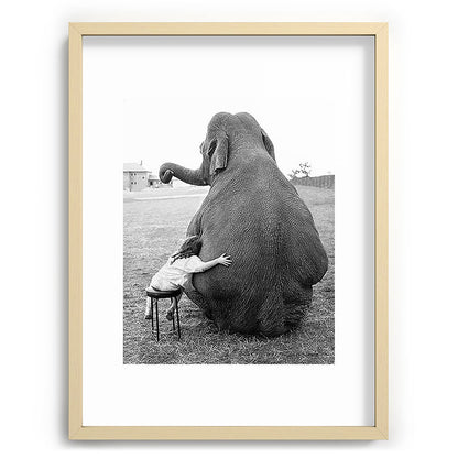 Odd Best Friends, Sweet Little Girl hugging elephant black and white photograph Framed Art Print Gallery Image 100