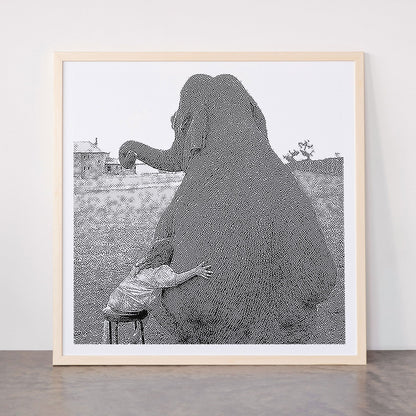 Odd Best Friends, Sweet Little Girl hugging elephant black and white photograph Framed Art Print Gallery Image 77
