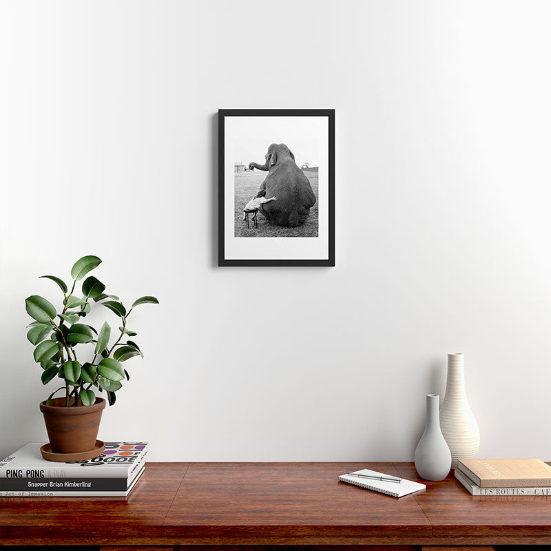 Odd Best Friends, Sweet Little Girl hugging elephant black and white photograph Framed Art Print Gallery Image 4