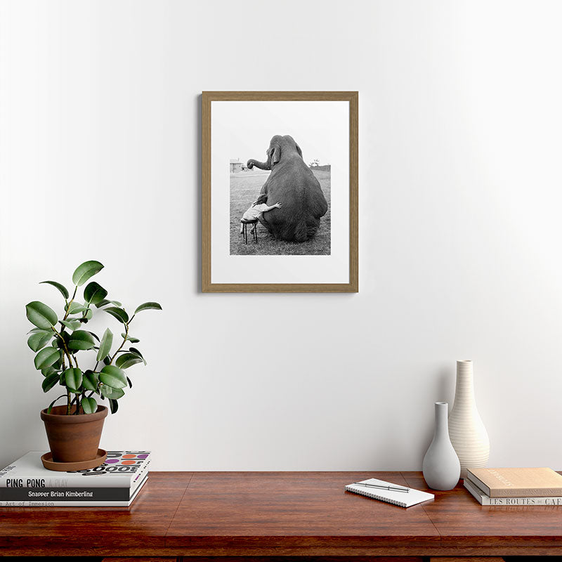 Odd Best Friends, Sweet Little Girl hugging elephant black and white photograph Framed Art Print Gallery Image 54