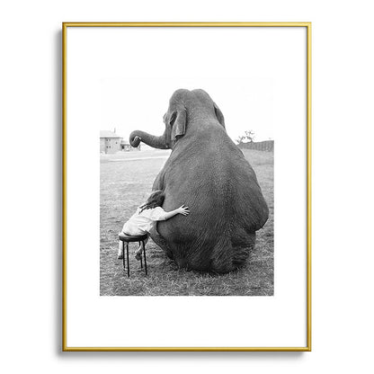 Odd Best Friends, Sweet Little Girl hugging elephant black and white photograph Framed Art Print Gallery Image 125