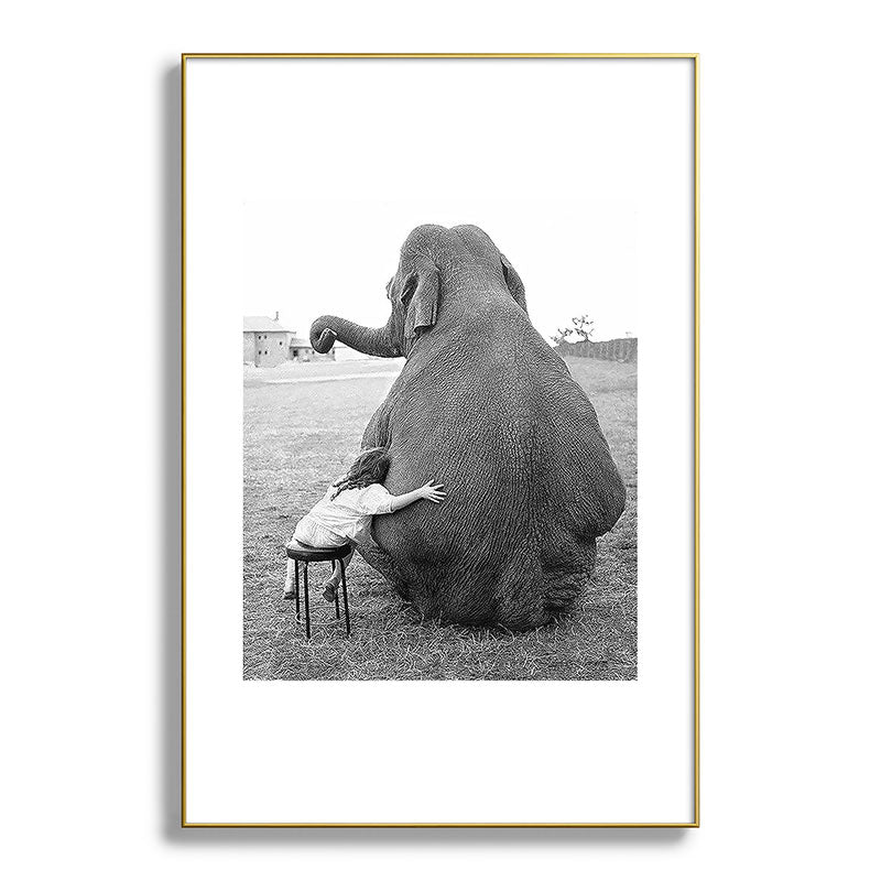 Odd Best Friends, Sweet Little Girl hugging elephant black and white photograph Framed Art Print Gallery Image 128