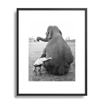 Odd Best Friends, Sweet Little Girl hugging elephant black and white photograph Framed Art Print Gallery Image 111