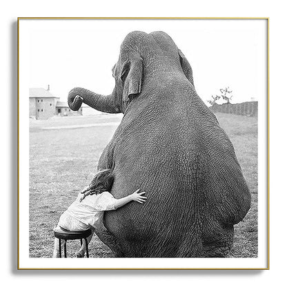 Odd Best Friends, Sweet Little Girl hugging elephant black and white photograph Framed Art Print Gallery Image 139