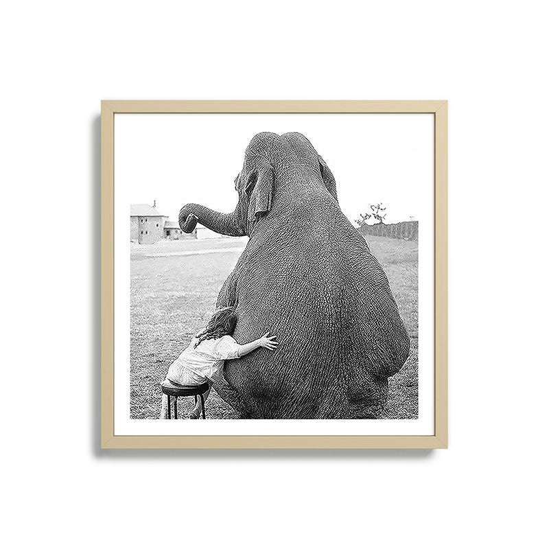 Odd Best Friends, Sweet Little Girl hugging elephant black and white photograph Framed Art Print Gallery Image 27