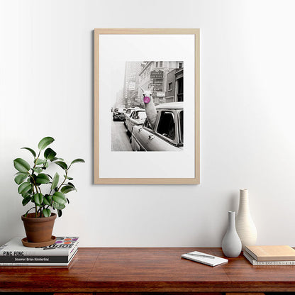 Perfect Pink Bubble Gum Llama taking a New York Taxi black and white photograph Framed Art Print Gallery Image 65