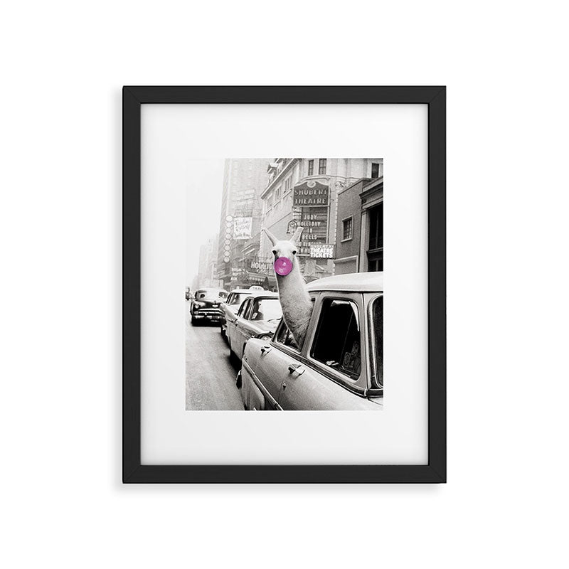Perfect Pink Bubble Gum Llama taking a New York Taxi black and white photograph Framed Art Print Gallery Image 3
