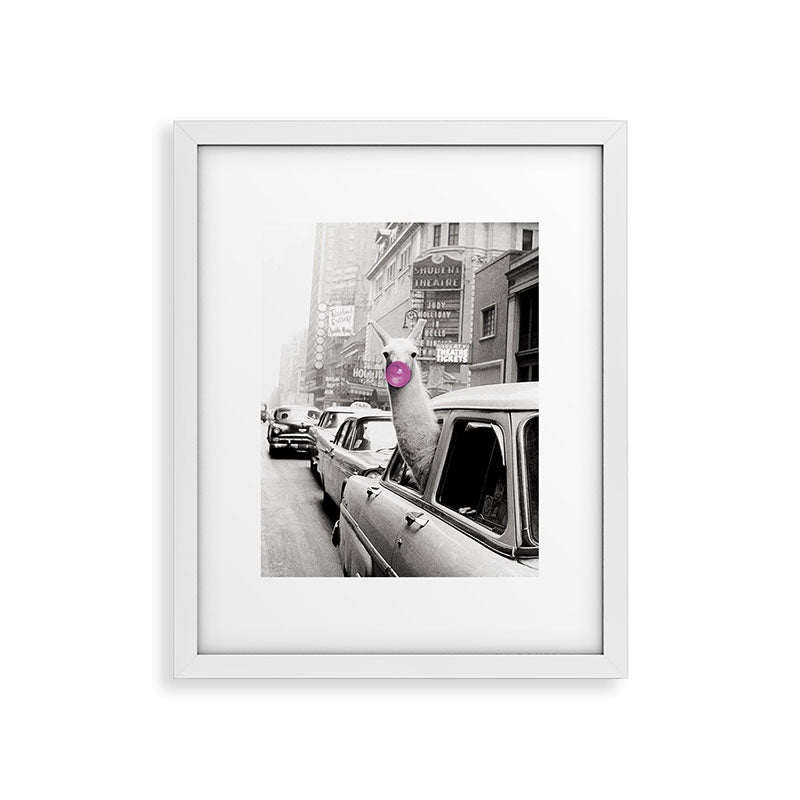 Perfect Pink Bubble Gum Llama taking a New York Taxi black and white photograph Framed Art Print Gallery Image 30