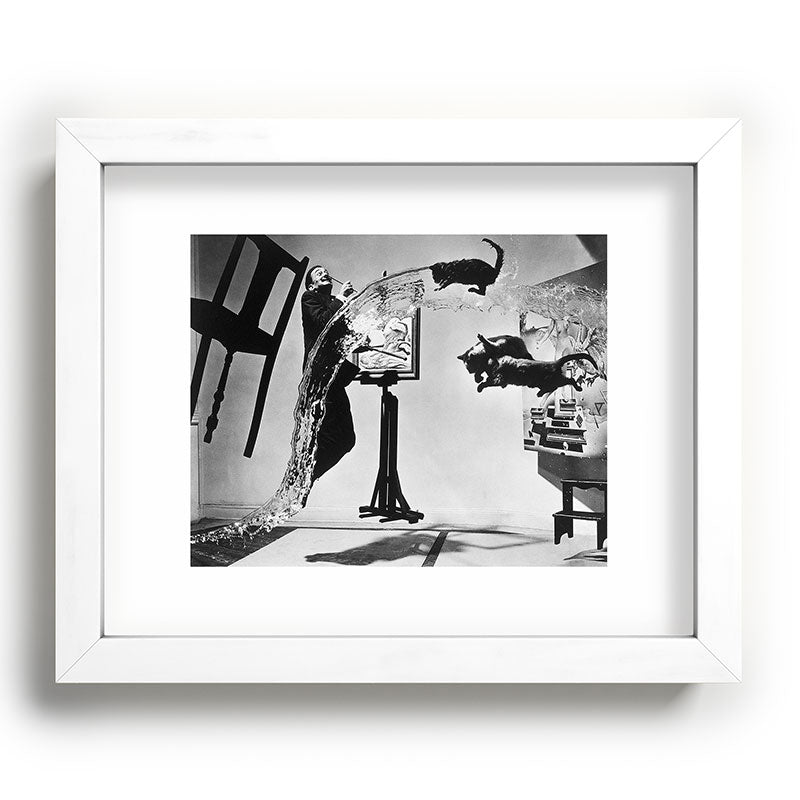 Dalí Atomicus, Salvador Dali painting with flying cats and water spurts surrealism / surrealist black and white photograph / photography by Philippe Halsman Framed Art Print Gallery Image 104
