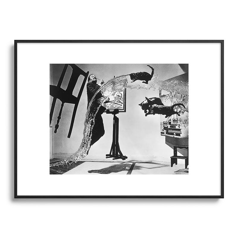 Dalí Atomicus, Salvador Dali painting with flying cats and water spurts surrealism / surrealist black and white photograph / photography by Philippe Halsman Framed Art Print Gallery Image 115