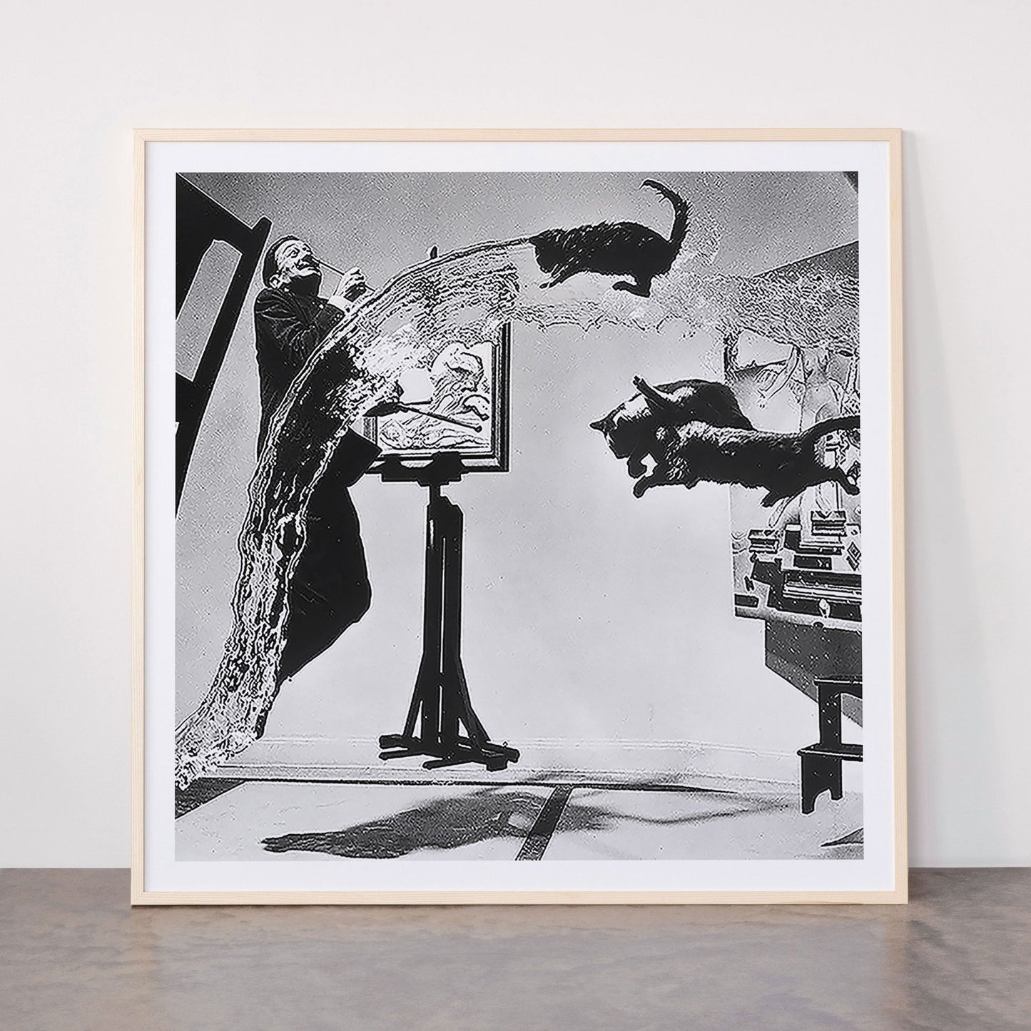 Dalí Atomicus, Salvador Dali painting with flying cats and water spurts surrealism / surrealist black and white photograph / photography by Philippe Halsman Framed Art Print Gallery Image 33