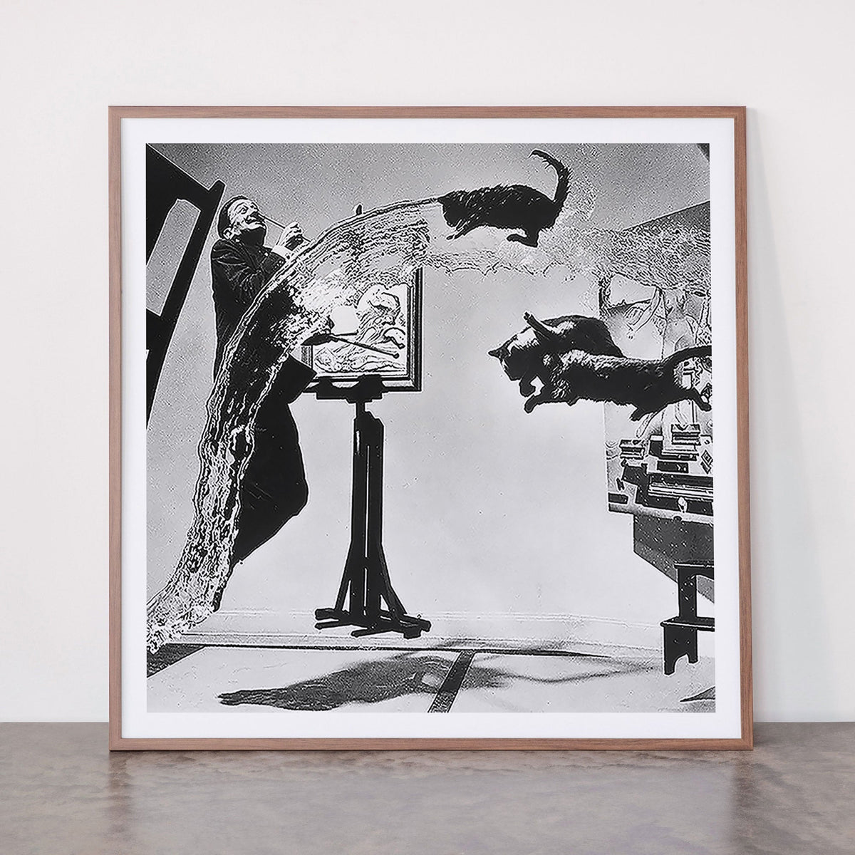 Dalí Atomicus, Salvador Dali painting with flying cats and water spurts surrealism / surrealist black and white photograph / photography by Philippe Halsman Framed Art Print Gallery Image 21