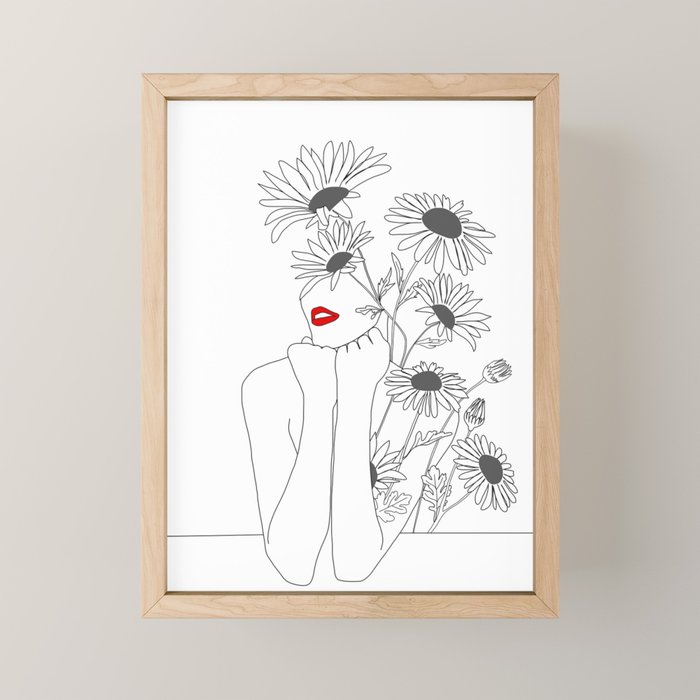 Minimal Line Art Girl with Sunflowers Mini Art Print Gallery Image 1