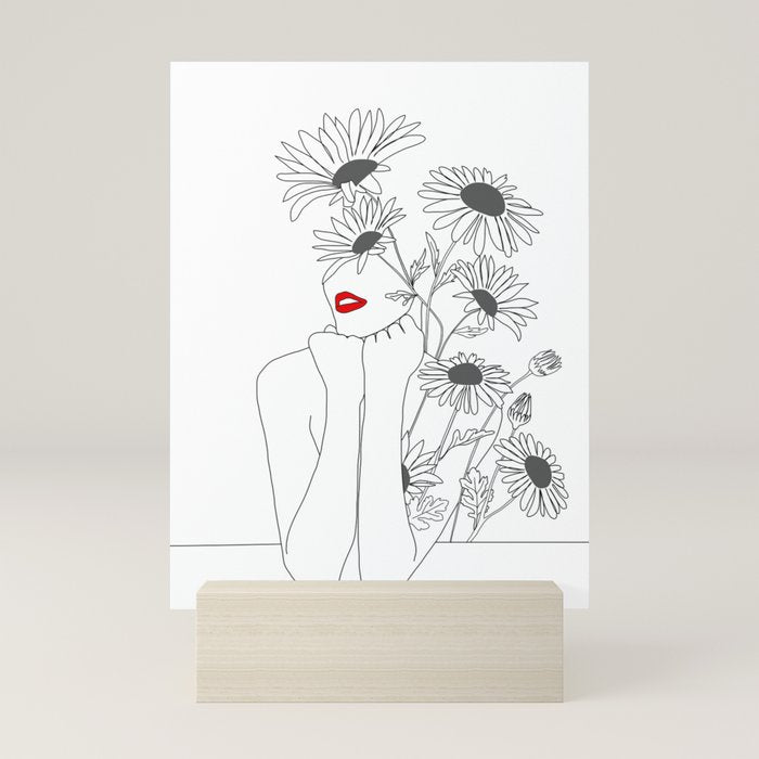 Minimal Line Art Girl with Sunflowers Mini Art Print Gallery Image 5