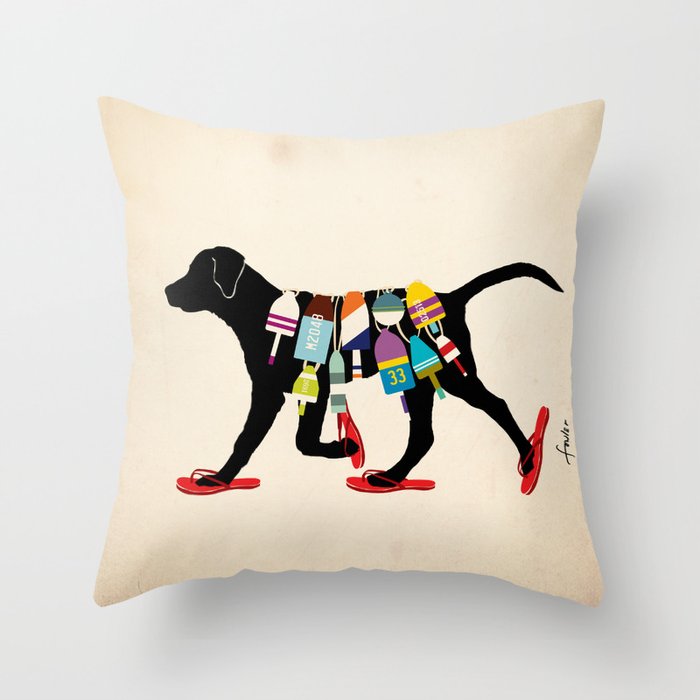 Black dog lab labrador buoy nautical beach ocean sandals flip flop art Throw Pillow Gallery Image 6