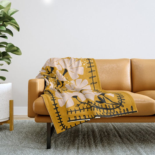 Ever blooming good vibes mustard yellow Throw Blanket Gallery Image 1