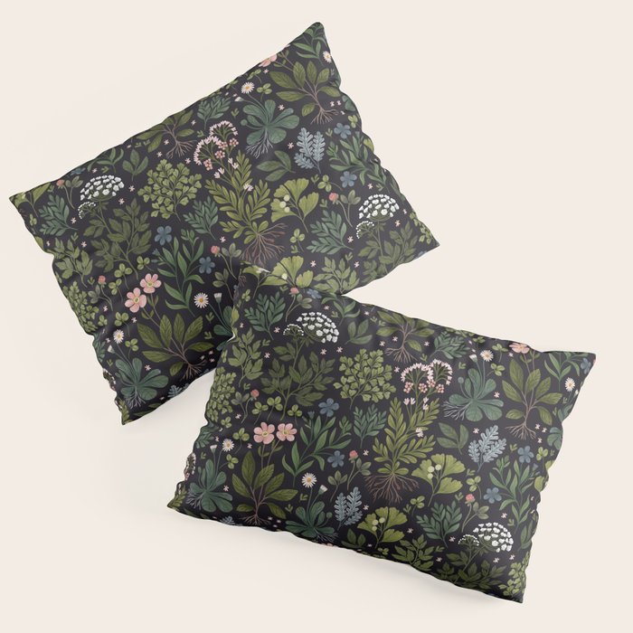 Herbarium ~ vintage inspired botanical art print ~ black Pillow Sham Gallery Image 1