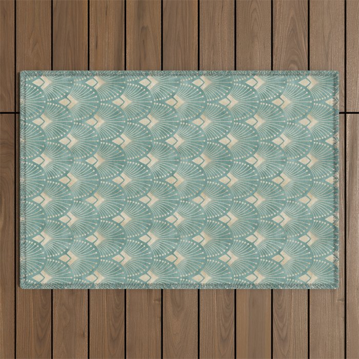 Art Deco Fans Pattern in Teal Outdoor Rug Gallery Image 1