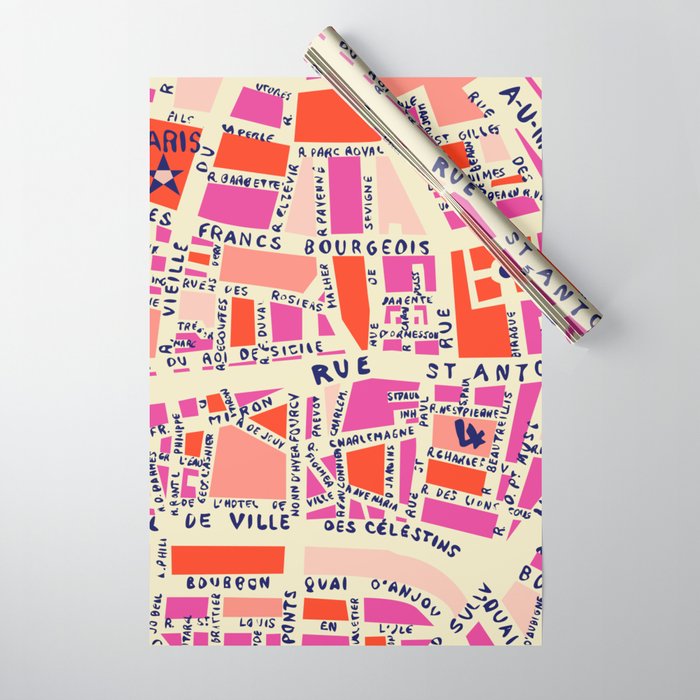 paris map pink Wrapping Paper Gallery Image 1