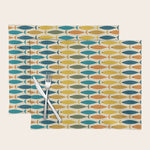 Mid-Century Modern Fish Stripes in Moroccan Teal, Green, Orange, Mustard, and Cream Placemat Gallery Image 1