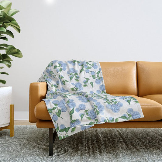 Hydrangea blue flowers, botanicals, blue and white floral Throw Blanket Gallery Image 1