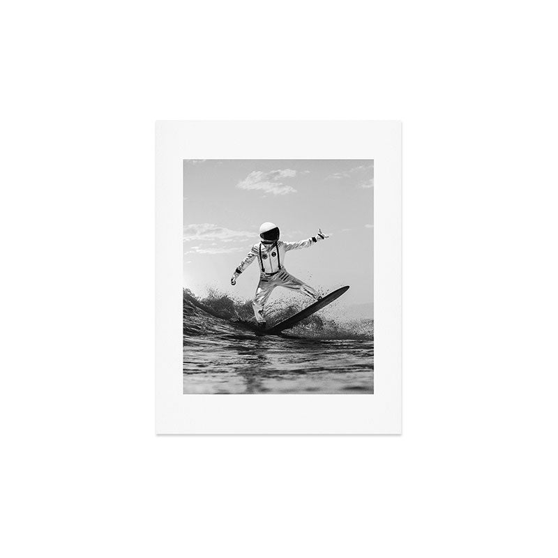 Space Surfer - Black And White - Futuristic Surf Photo Art Print - Astronaut Riding a Wave Art Print Gallery Image 4