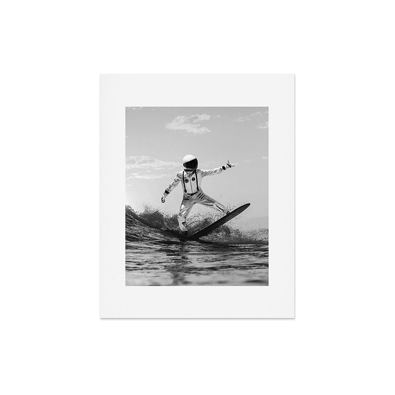 Space Surfer - Black And White - Futuristic Surf Photo Art Print - Astronaut Riding a Wave Art Print Gallery Image 7