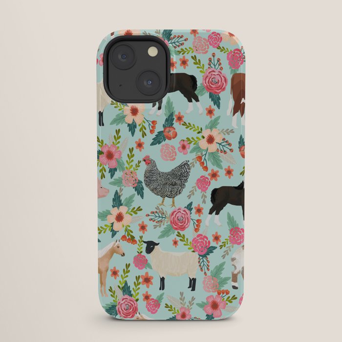 Farm animal sanctuary pig chicken cows horses sheep floral pattern gifts iPhone Case Gallery Image 25