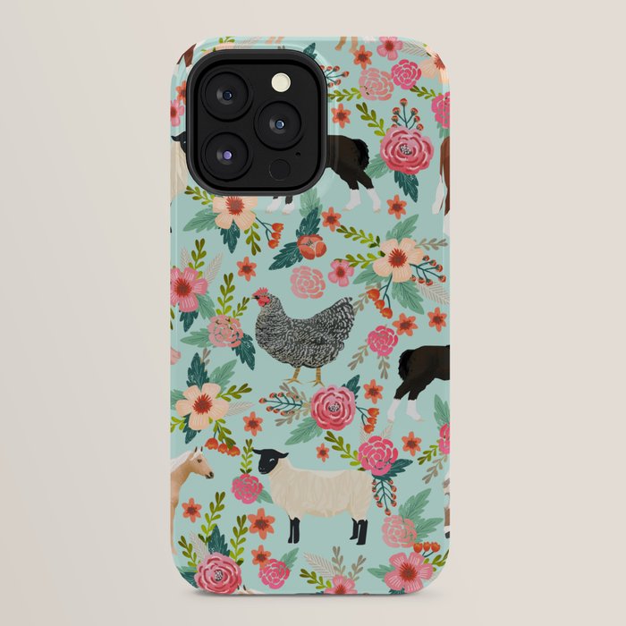 Farm animal sanctuary pig chicken cows horses sheep floral pattern gifts iPhone Case Gallery Image 24