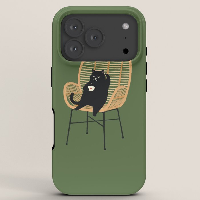 Lazy cat 2b Green enjoy coffee on rattan chair iPhone Case Gallery Image 7