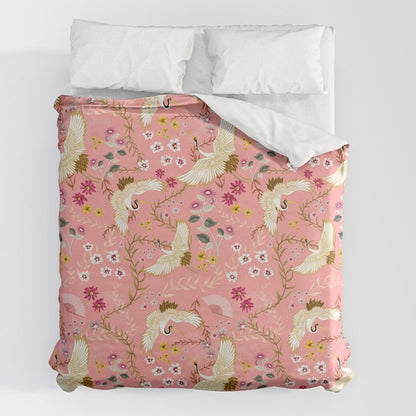 Chinoiserie cranes on pink, birds, flowers, Duvet Cover Gallery Image 7